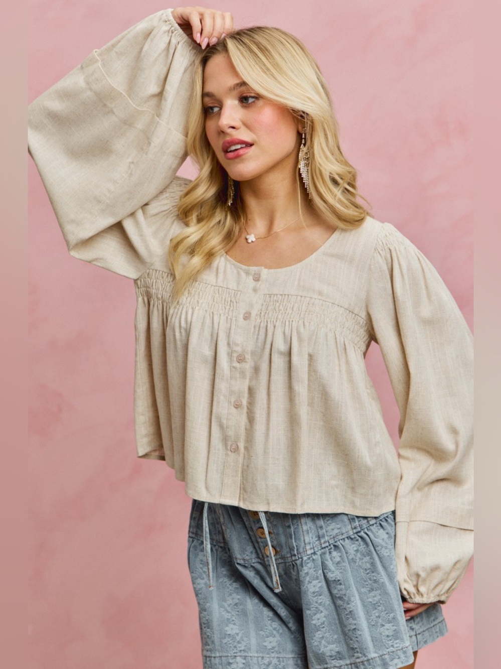 SO ME Linen Blend Woven Long Sleeve With Smocking Top - Picture 6 of 16